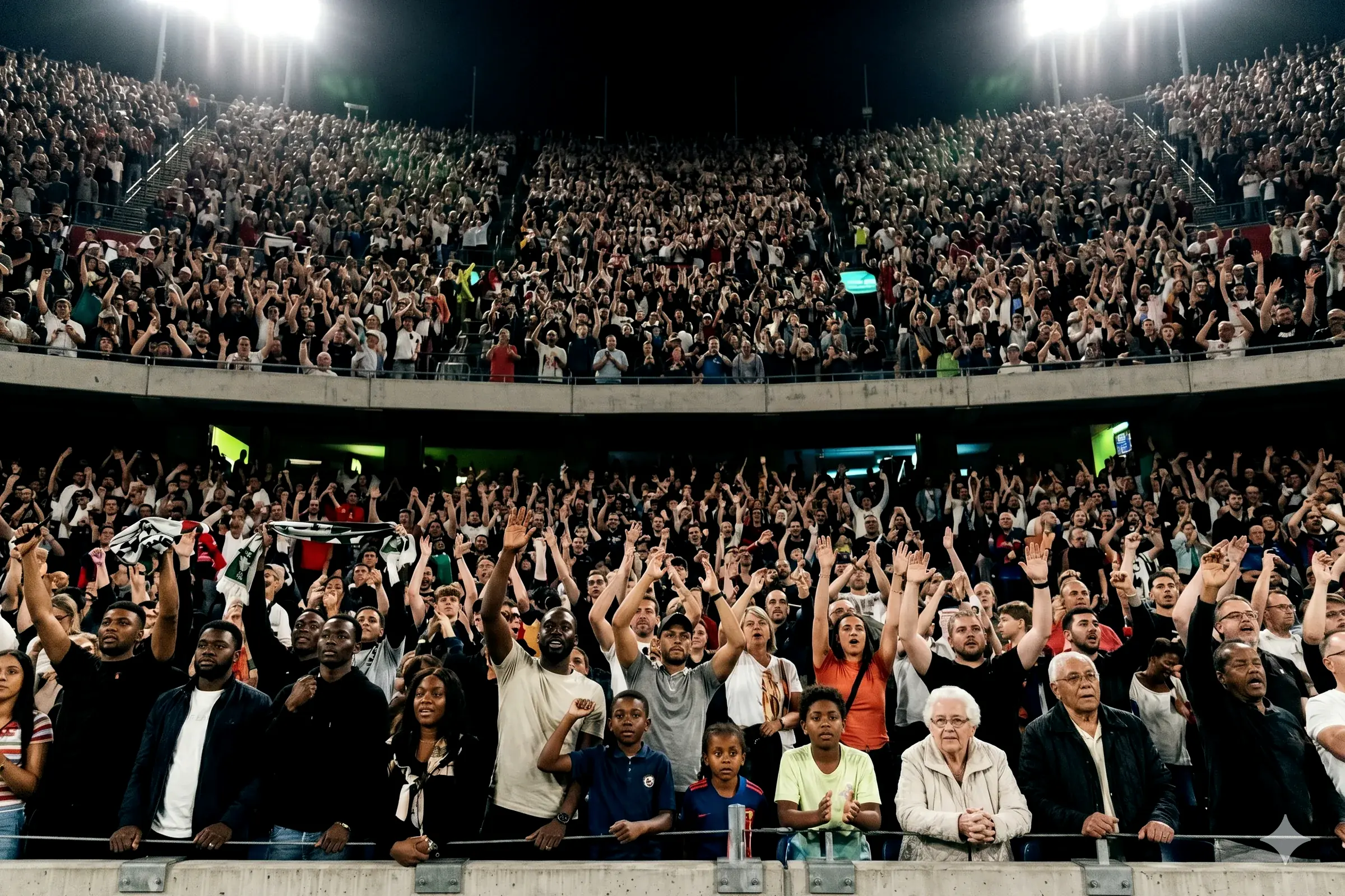 A dark grandstand of fans at night