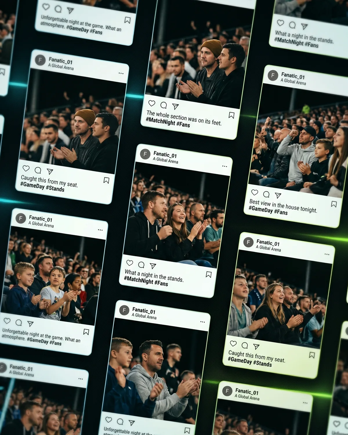 A wall of fan social posts from the stands, the same night photos multiplying across feeds